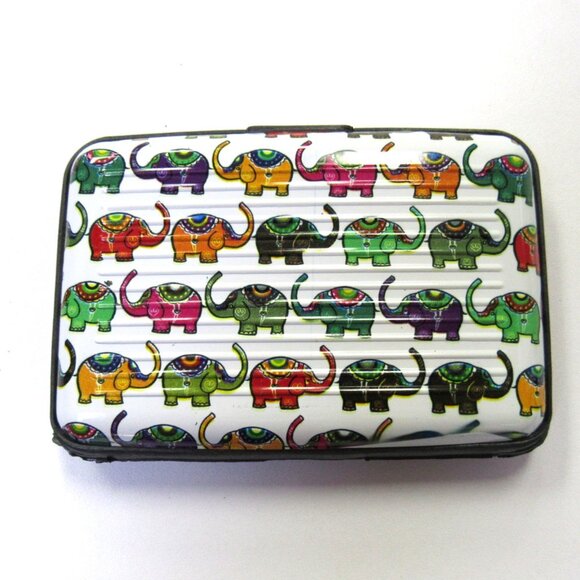 Multicolor Elephant Print Hard Sided Credit Card Holder Case Wallet New - Picture 1 of 2
